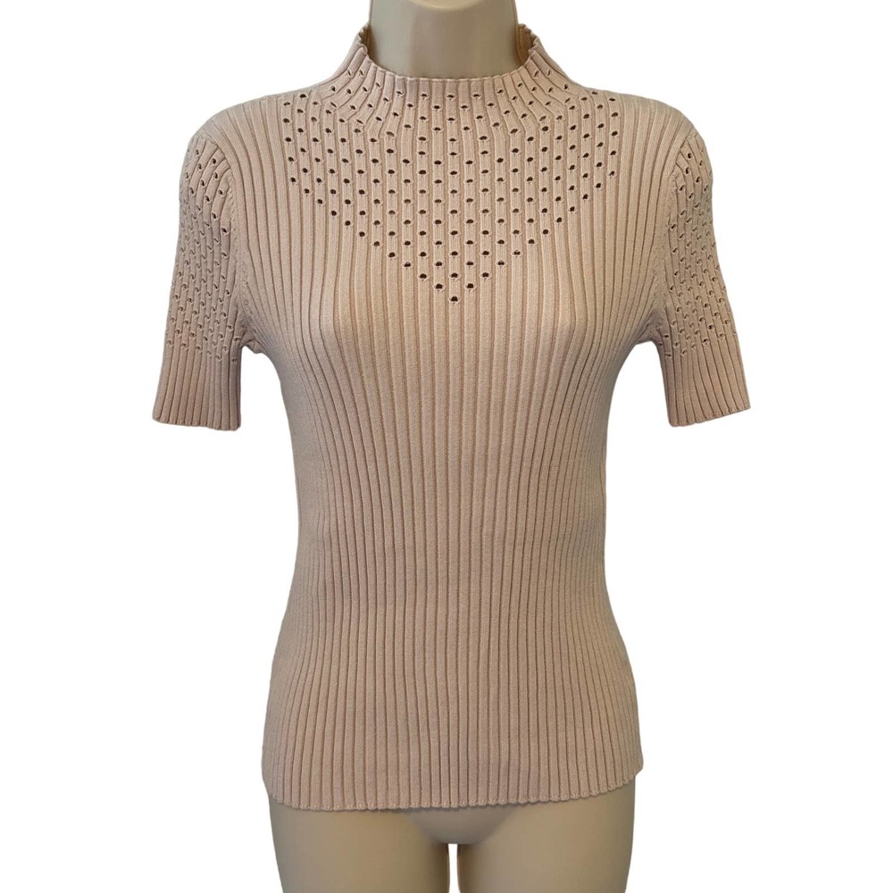 Truth by Republic Pink Ribbed Pointelle Mock Neck Short Sleeve Sweater Medium